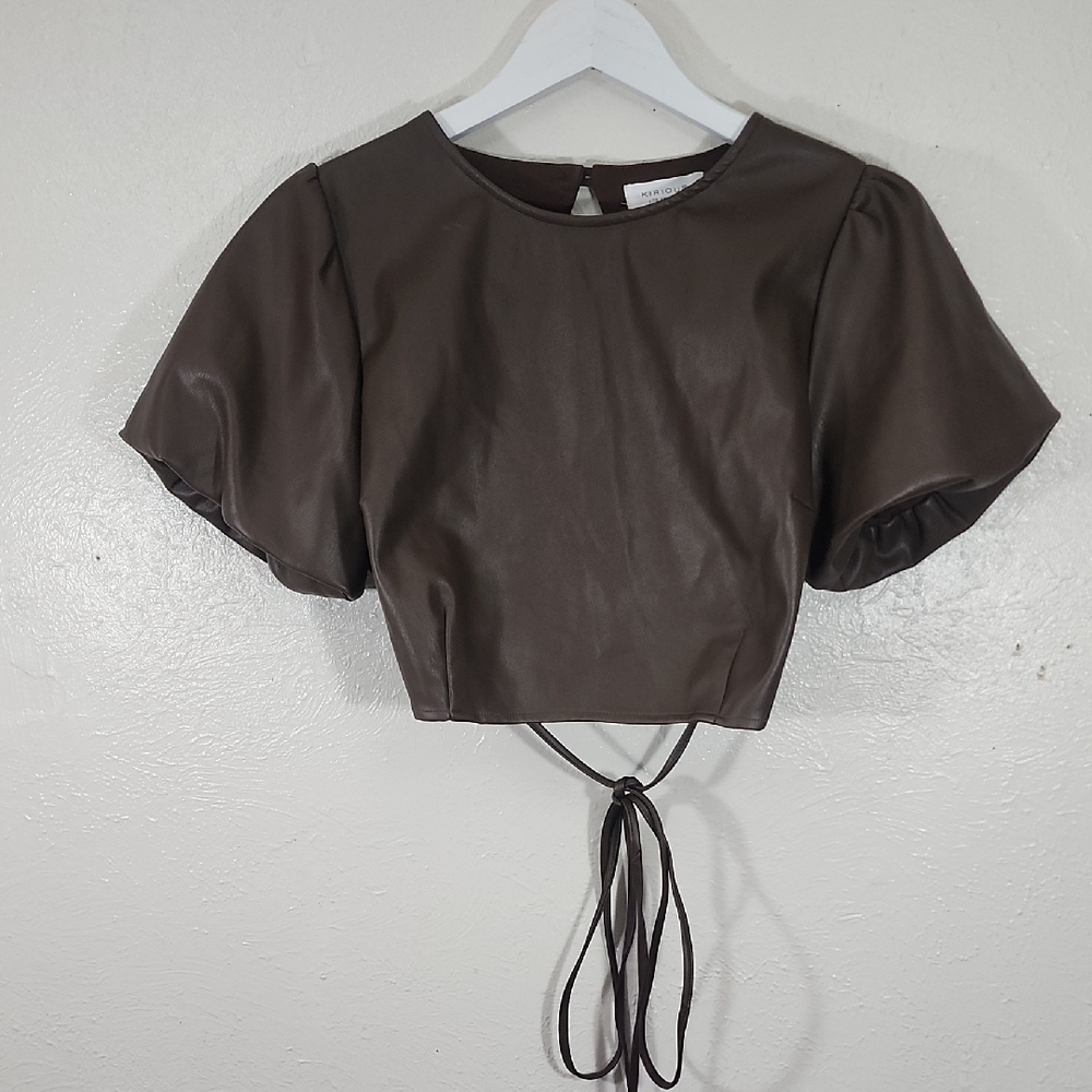 Kirious Brown Vegan Leather Cropped Puff Sleeve Open Back Top Size L